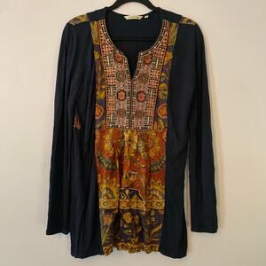 Soft Surroundings Women's size Small Navy Blue Embroidered Tunic Blouse Floral